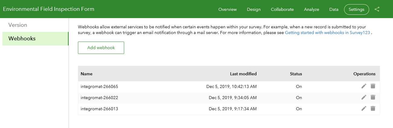 Survey123 Enterprise cannont create/delete/edit webhooks 